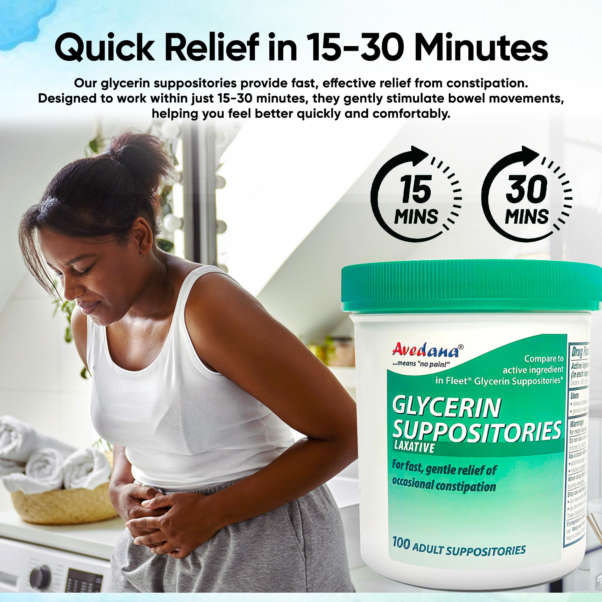 AVEDANA Glycerin Suppositories – 25 Adult Size Laxatives for Gentle, Fast Constipation Relief