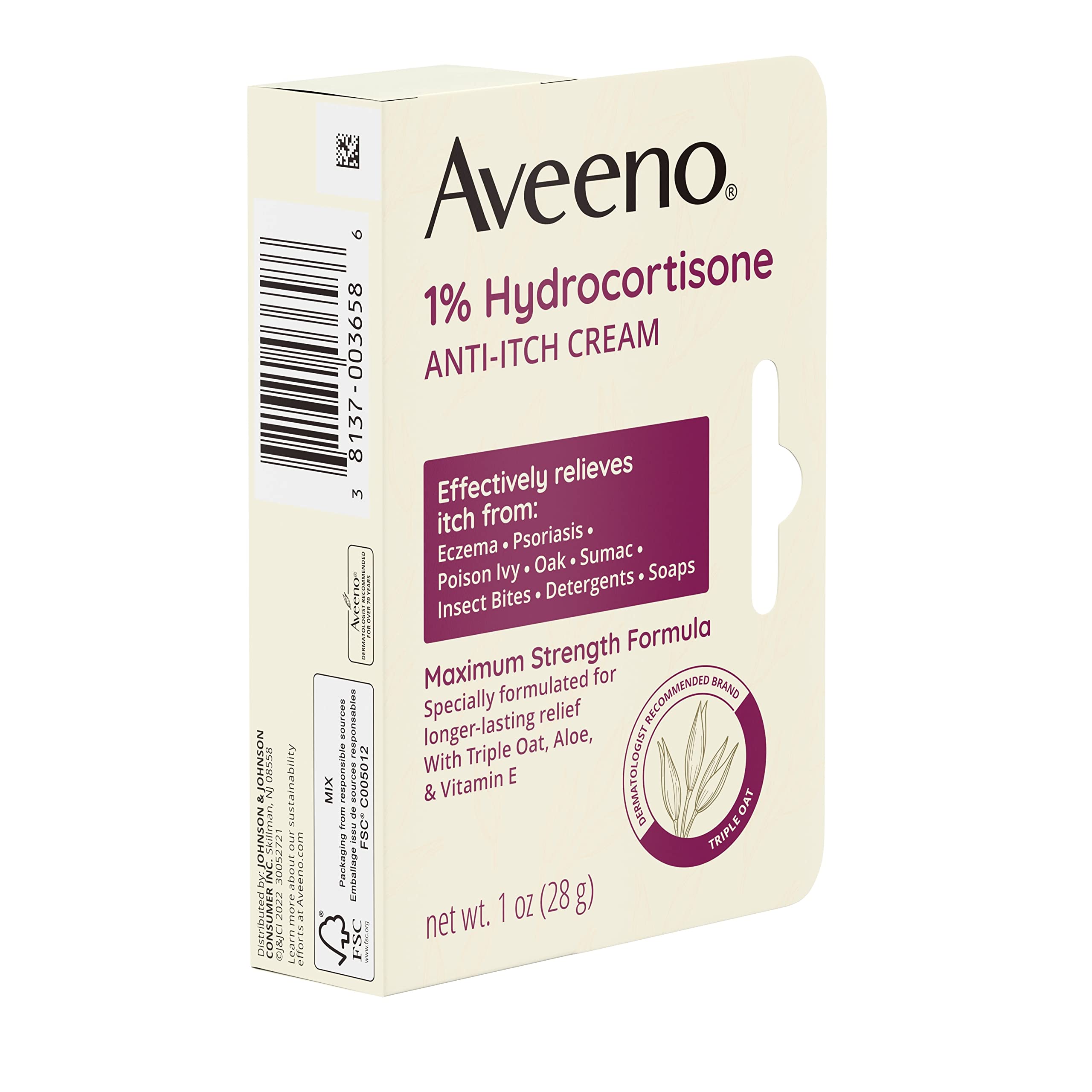 Aveeno Maximum Strength 1% Hydrocortisone Anti-Itch Cream | Triple Oat, Aloe & Vitamin E