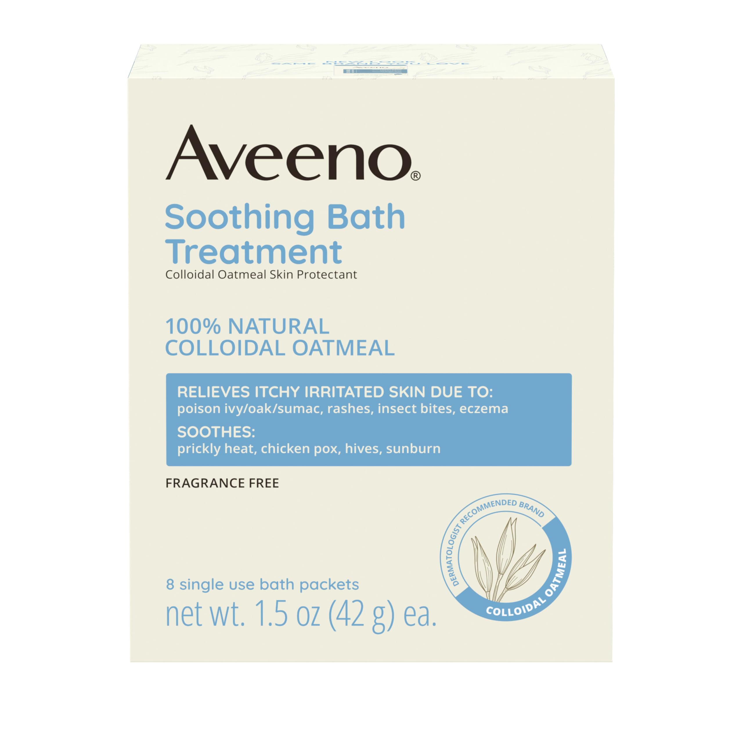 Aveeno Fragrance-Free Soothing Bath Treatment & Soak — 8 Single-Use Oatmeal Bath Packets for Itchy, Irritated Skin
