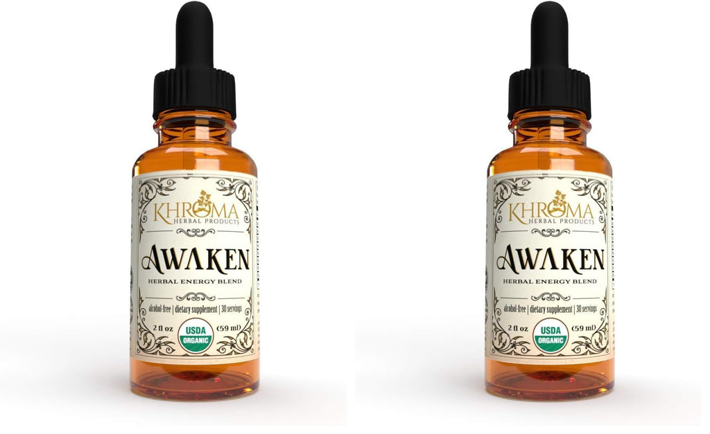 Awaken Organic Energy Supplement – 2 oz Liquid (Pack of 2) – Yerba Mate, Eleuthero Root, Red Ginseng, Peppermint, Ginkgo, Ashwagandha, Guayusa | Khroma Herbs