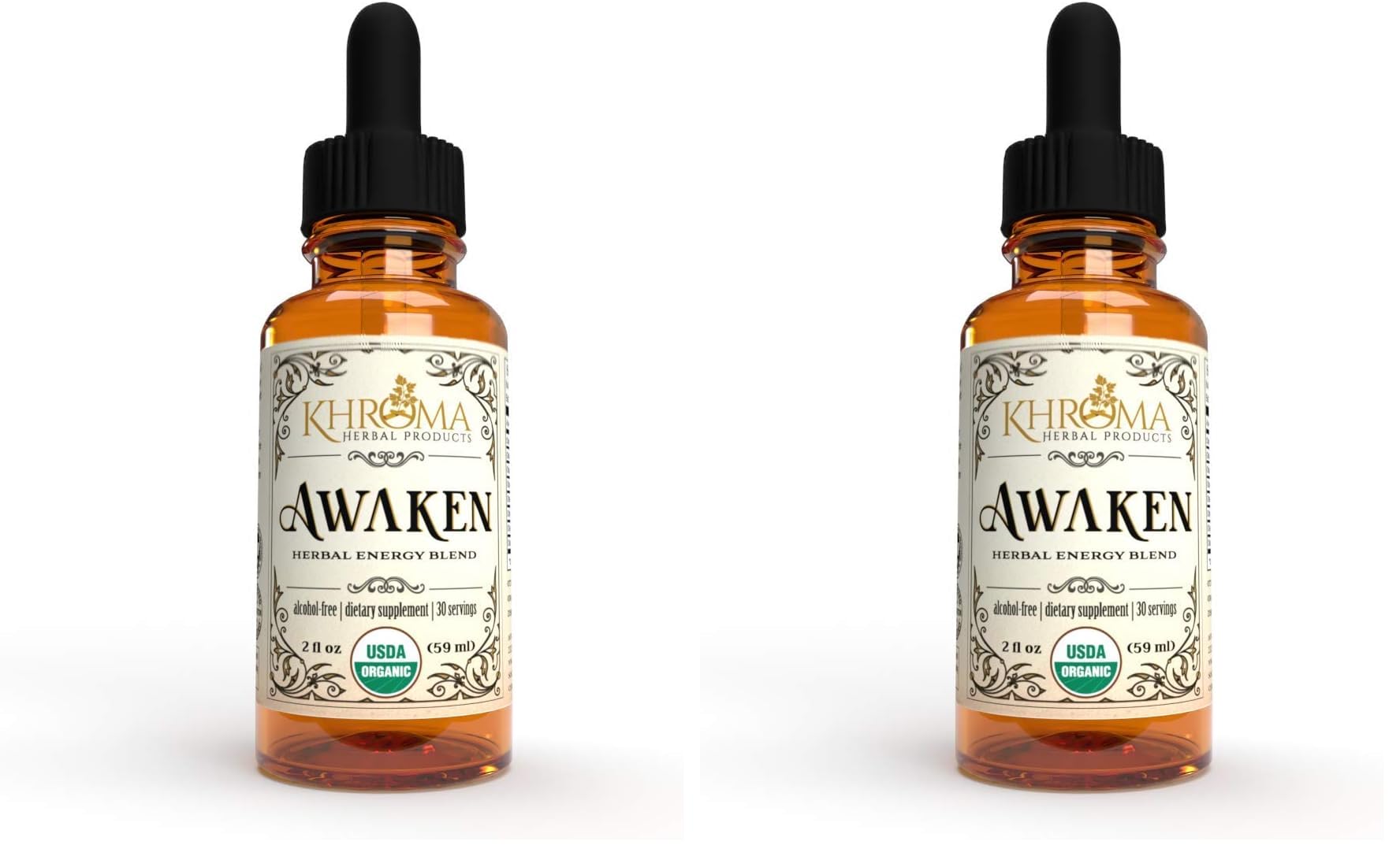 Awaken Organic Energy Supplement – 2 oz Liquid (Pack of 2) – Yerba Mate, Eleuthero Root, Red Ginseng, Peppermint, Ginkgo, Ashwagandha, Guayusa | Khroma Herbs