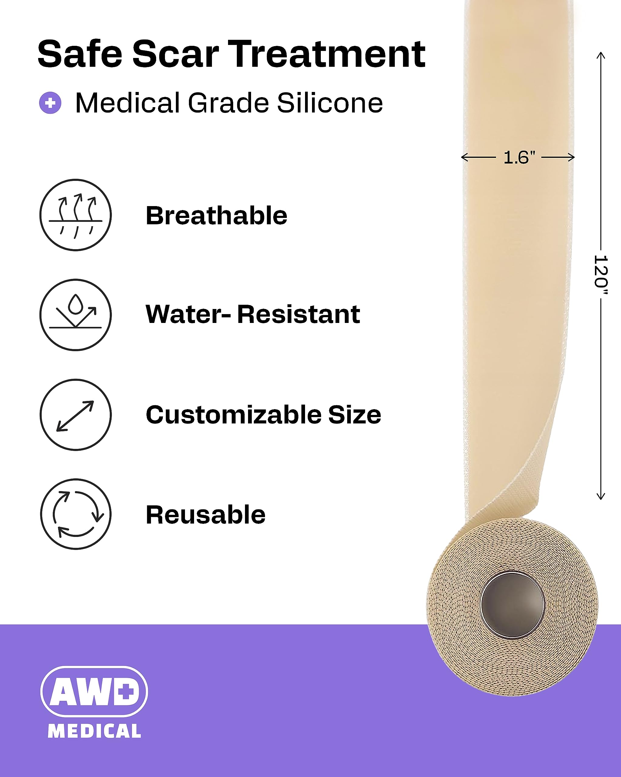 AWD Medical Silicone Scar Tape 120in Roll – Medical Grade Scar Sheets for Surgical, C-Section & Postpartum Recovery