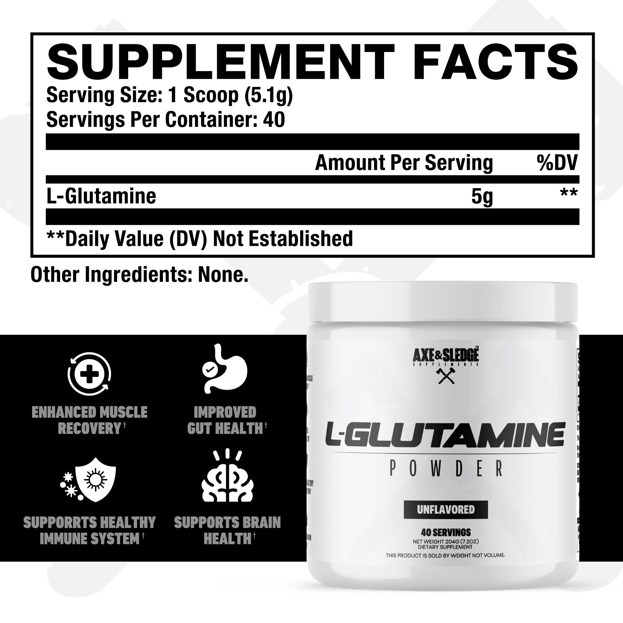 Axe & Sledge Basics Glutamine – 5g Pure L-Glutamine per Serving, Unflavored, 40 Servings