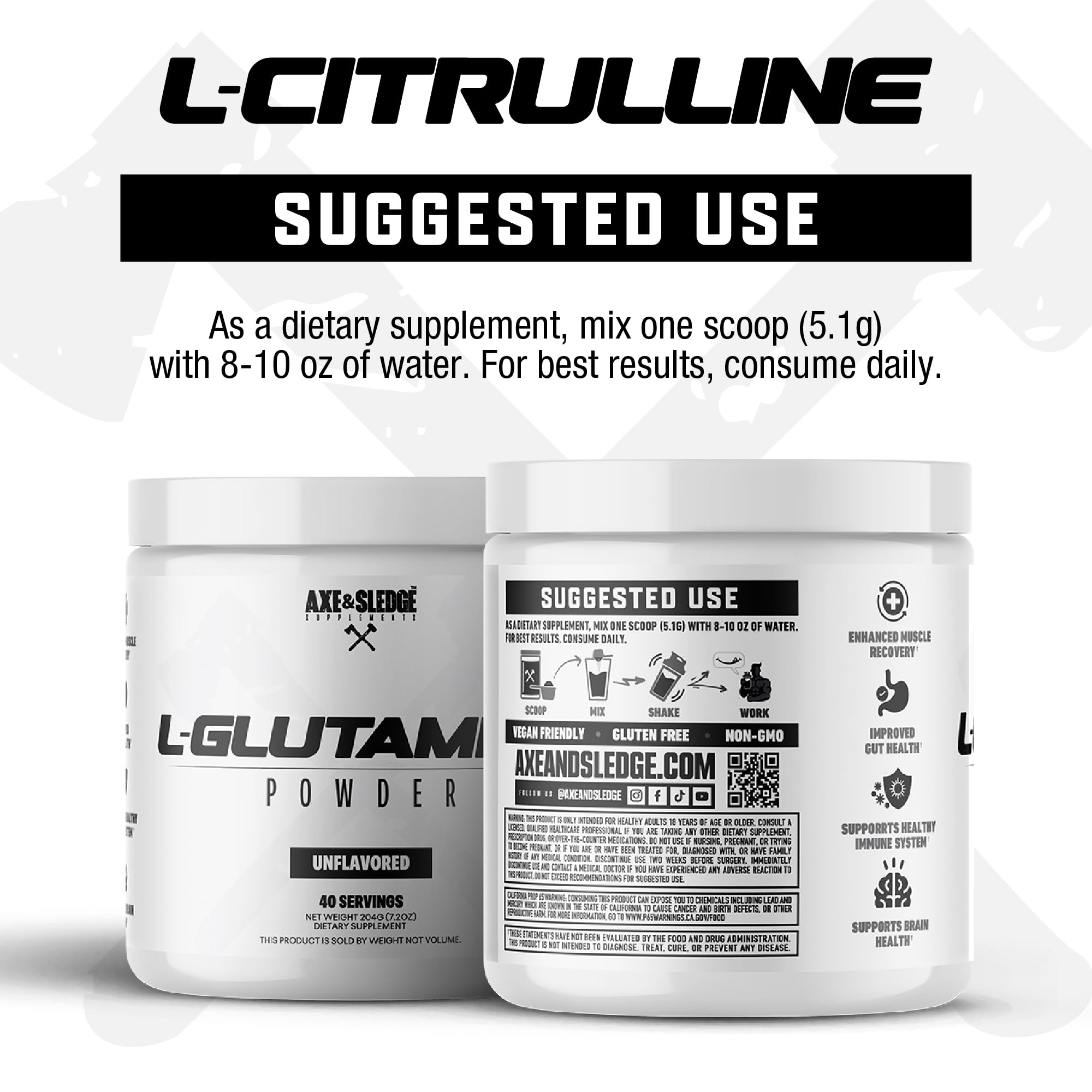 Axe & Sledge Basics Glutamine – 5g Pure L-Glutamine per Serving, Unflavored, 40 Servings