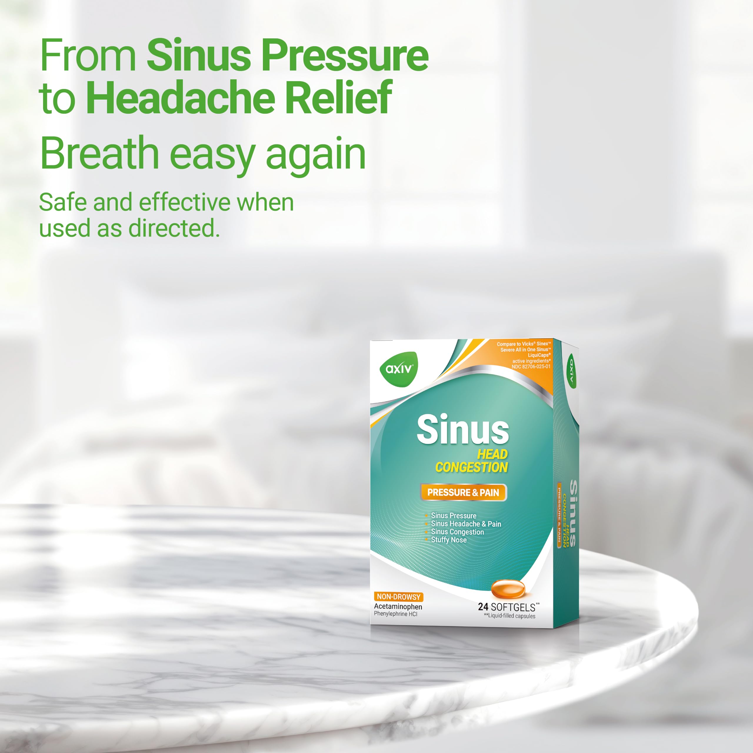 AXIV Sinus Head Congestion Relief - Non-Drowsy, Maximum Strength Sinus Pressure & Stuffy Nose - 24 Softgels