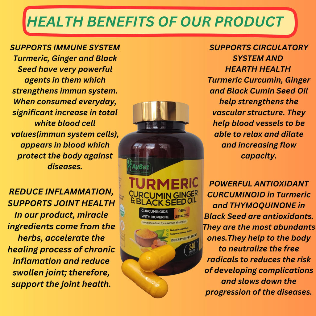AyBet World 1st Turmeric Curcumin Ginger & Black Seed Oil - 240 Caps, 2250mg, 95% Curcuminoids, BioPerine, Extra Strength