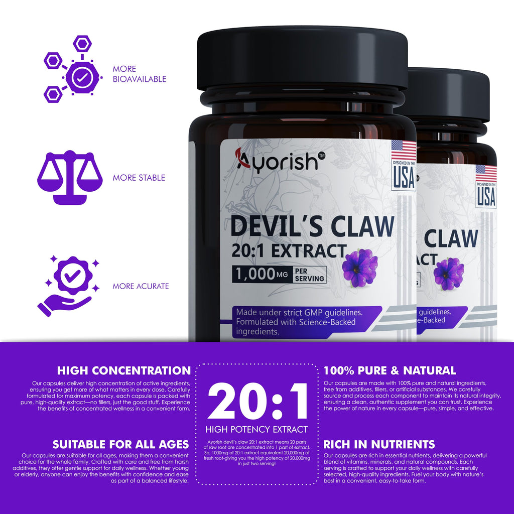 Ayorish Devils Claw 1000mg | 120 Veggie Capsules | Non-GMO