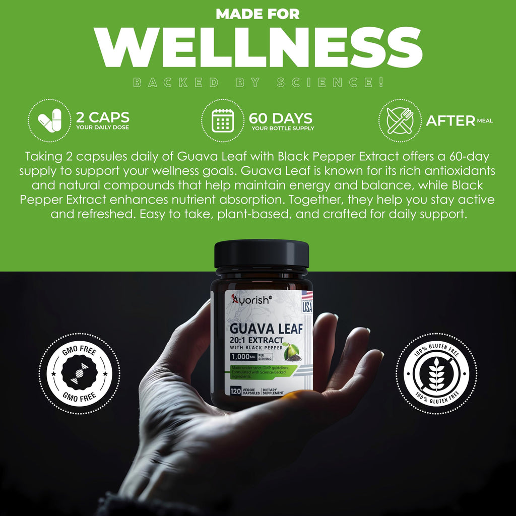 Ayorish Guava Leaf Extract 1000mg (20:1) with Piperine – 120 Veggie Caps (60-Day Supply)