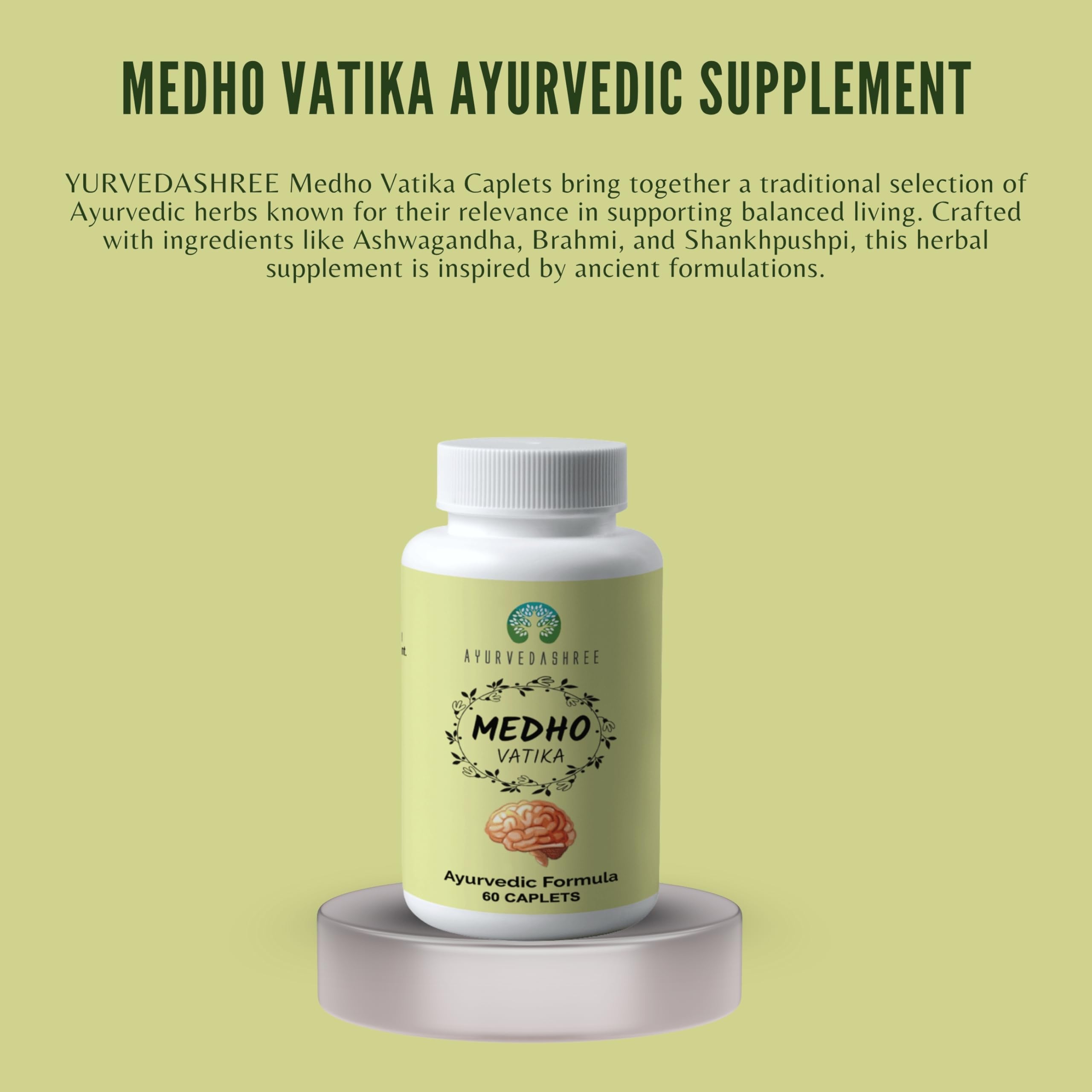 AYUREVDASHREE Medho Vatika 60 Caplets – 1000MG Each, 8-Herb Extract