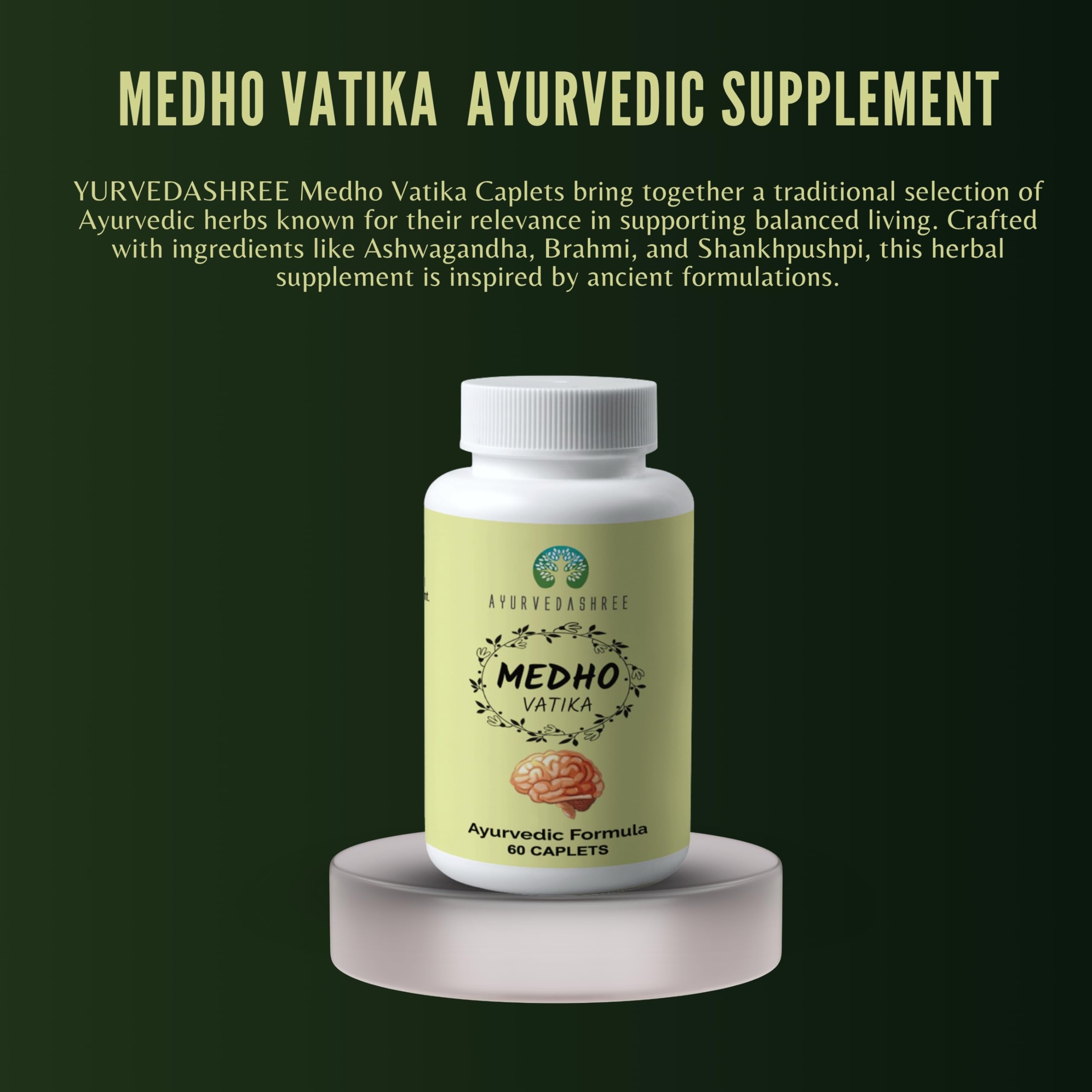 AYUREVDASHREE Medho Vatika 60 Caplets – 1000MG Each, 8-Herb Extract