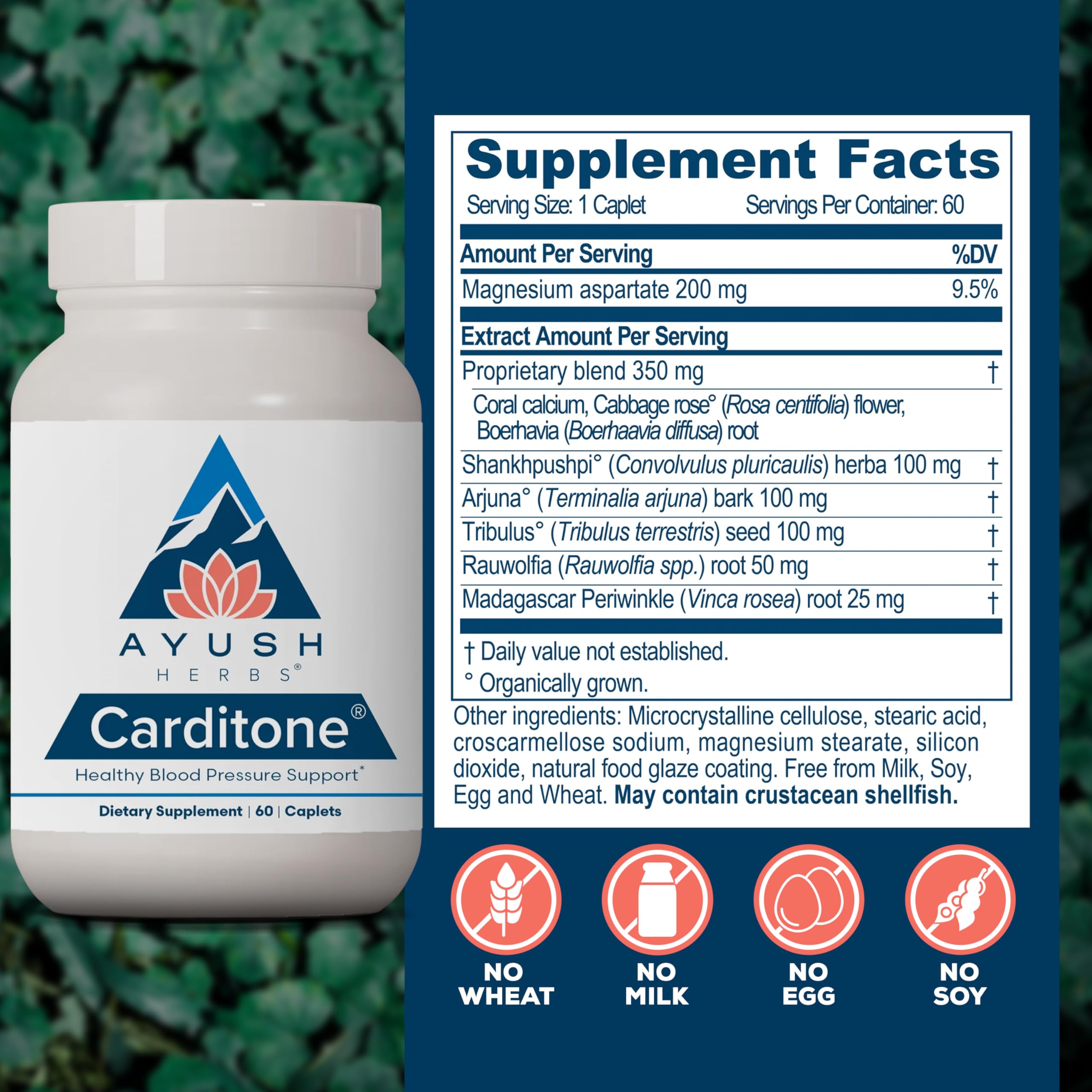 Ayush Herbs Carditone - Natural Heart Health Support with Rauwolfia, Arjuna, Calcium & Magnesium - 60 Vegetarian Caplets