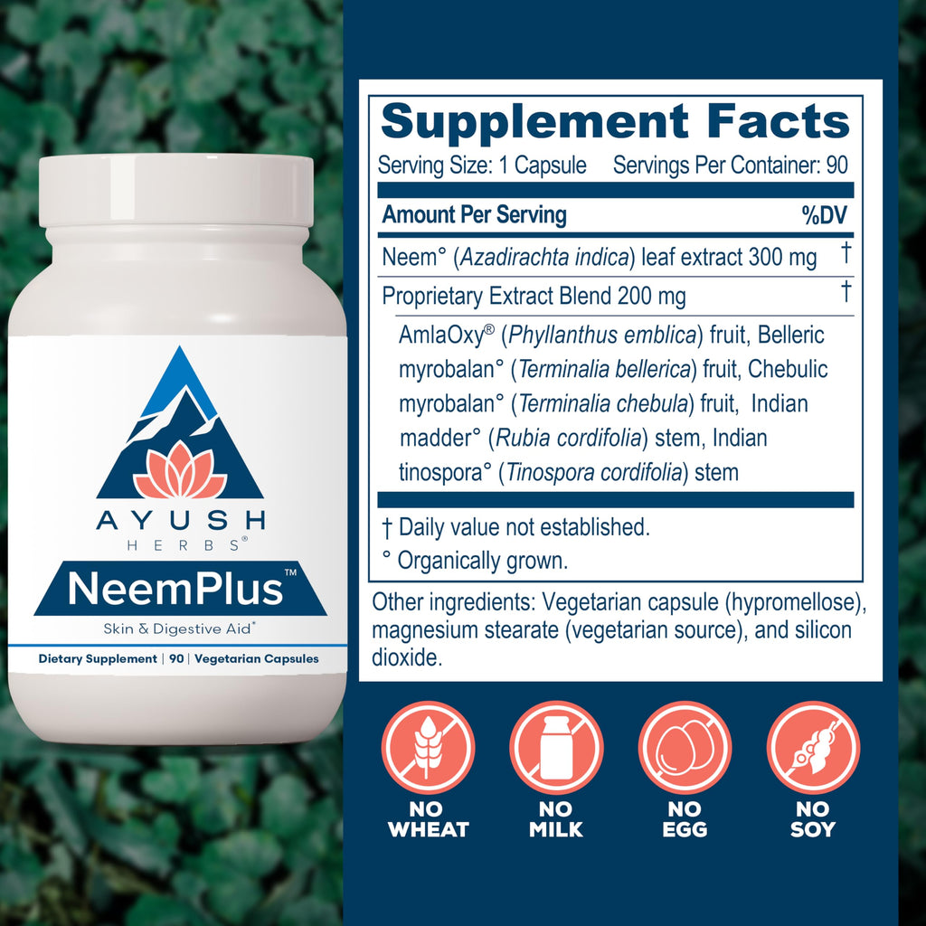 Ayush Herbs Neem Plus - Digestive Health, Skin & Immune Support, 90 Vegetarian Capsules