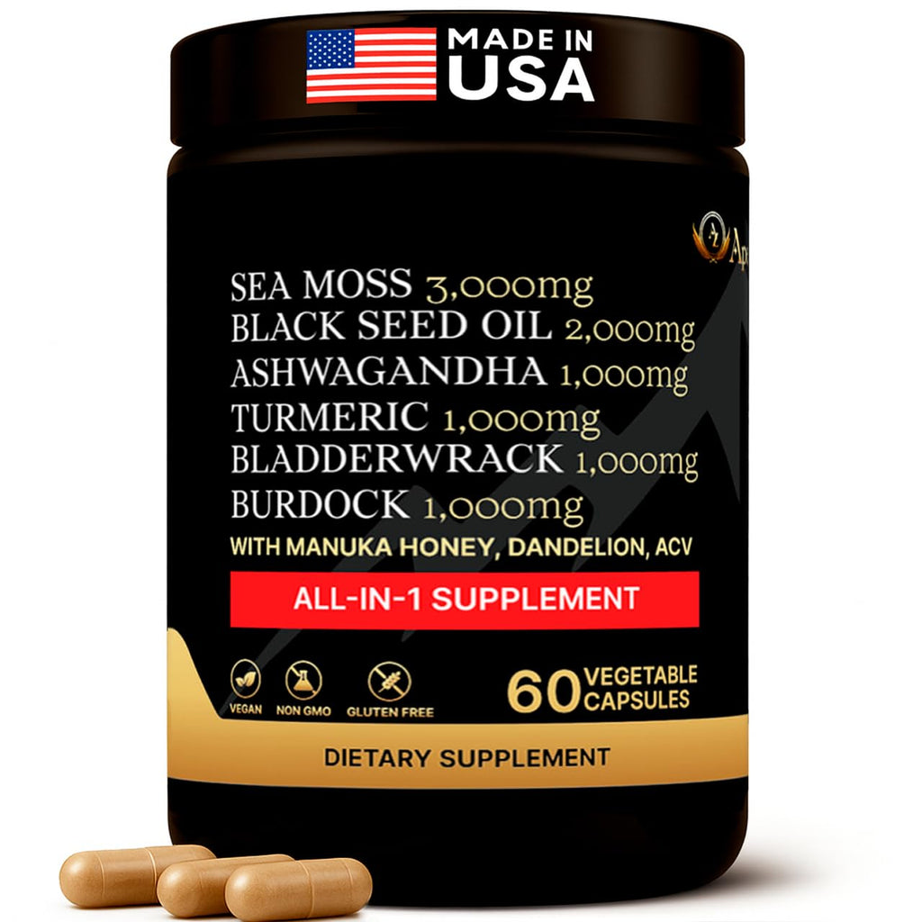 AZ ApexZone True Sea Moss Complex – Black Seed Oil, Ashwagandha, Burdock, Turmeric & Manuka Honey – 60 Capsules