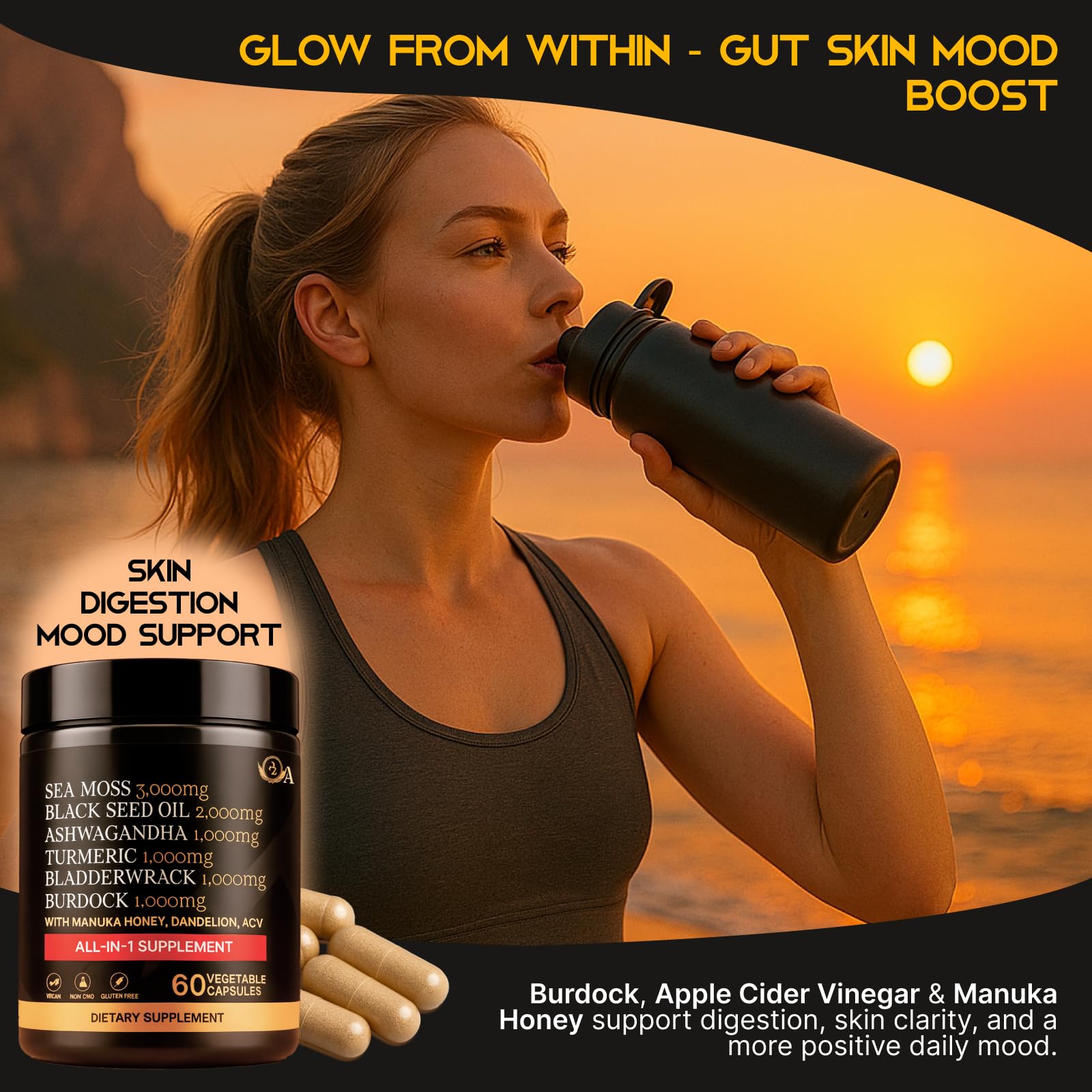 AZ ApexZone True Sea Moss Complex – Black Seed Oil, Ashwagandha, Burdock, Turmeric & Manuka Honey – 60 Capsules