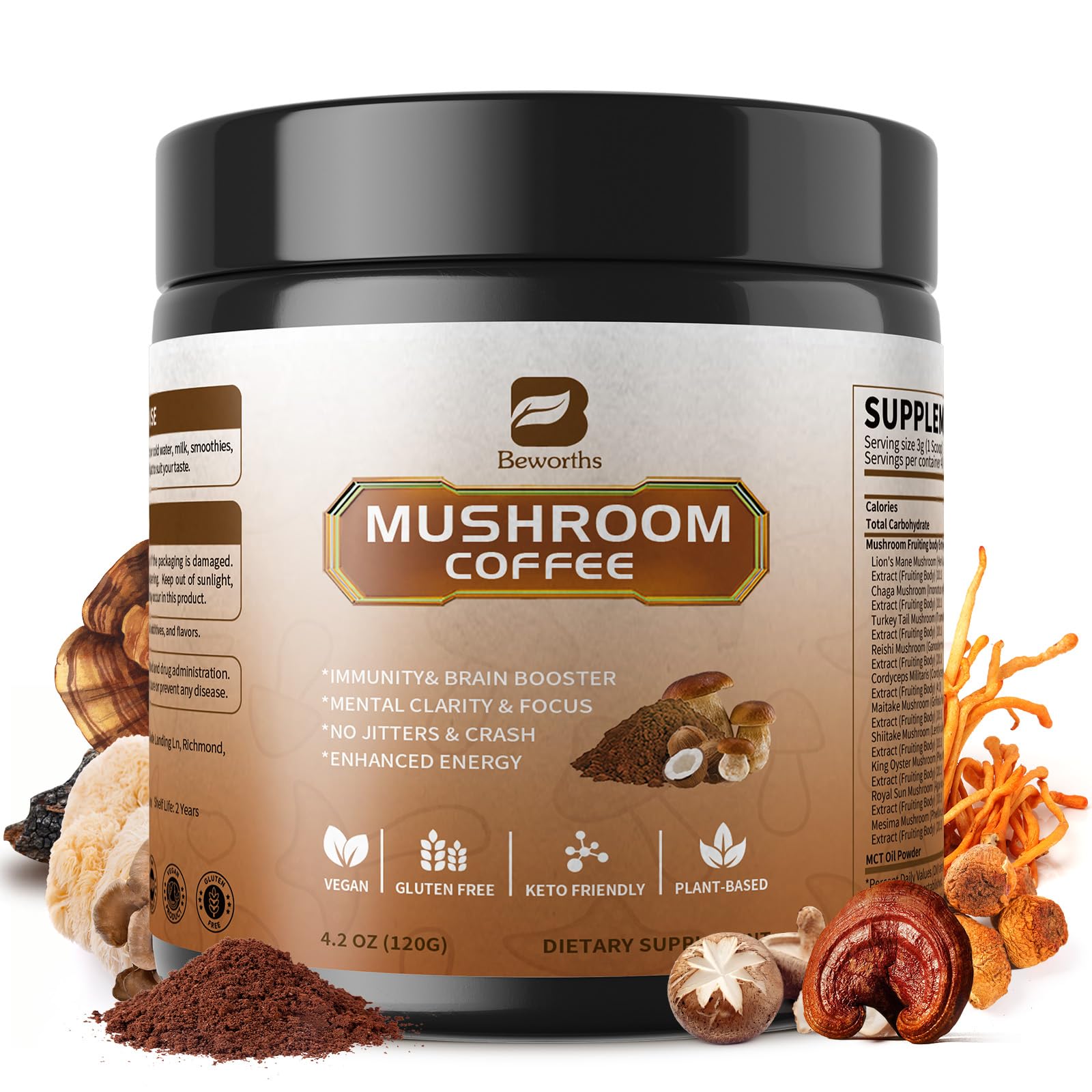B BEWORTHS Mushroom Coffee with MCT Oil - 10-Mushroom Blend (Arabica) for Focus, Immunity, Gut & Brain Health | Vegan, Keto