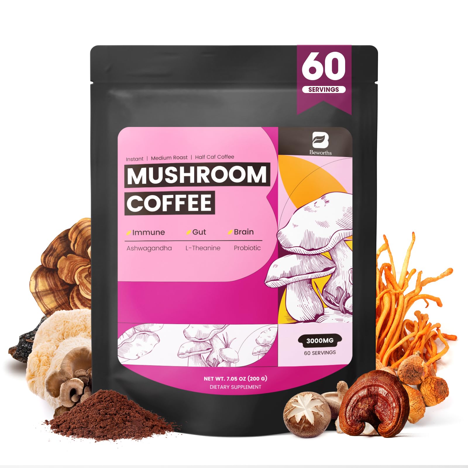 B BEWORTHS Slim Mushroom Coffee Powder — 10-Mushroom Blend with Ashwagandha, L-Theanine, and Prebiotics