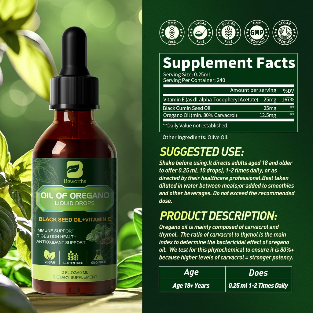 B Beworths 2-Pack Oregano Oil Drops with Black Seed Oil & Vitamin E (4 Fl Oz)