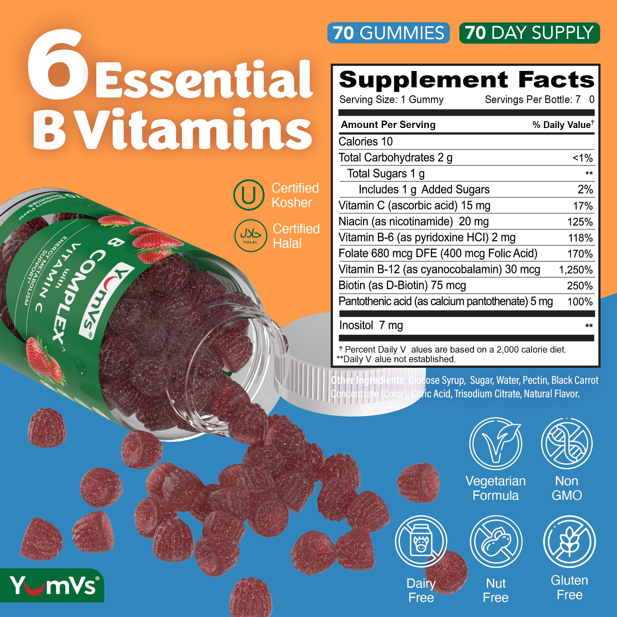 B Complex Gummies with Vitamin C – 1 A Day Energy & Nervous System Support (Vegan, Kosher, Non-GMO) – 70 Count