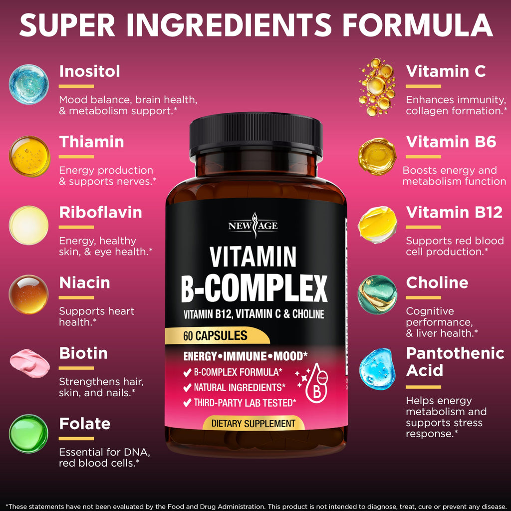 Vitamin B Complex for Men & Women – Made in USA | B-Complex with B1–B12, Vitamin C, Choline & Inositol – 60 Vegan Capsules