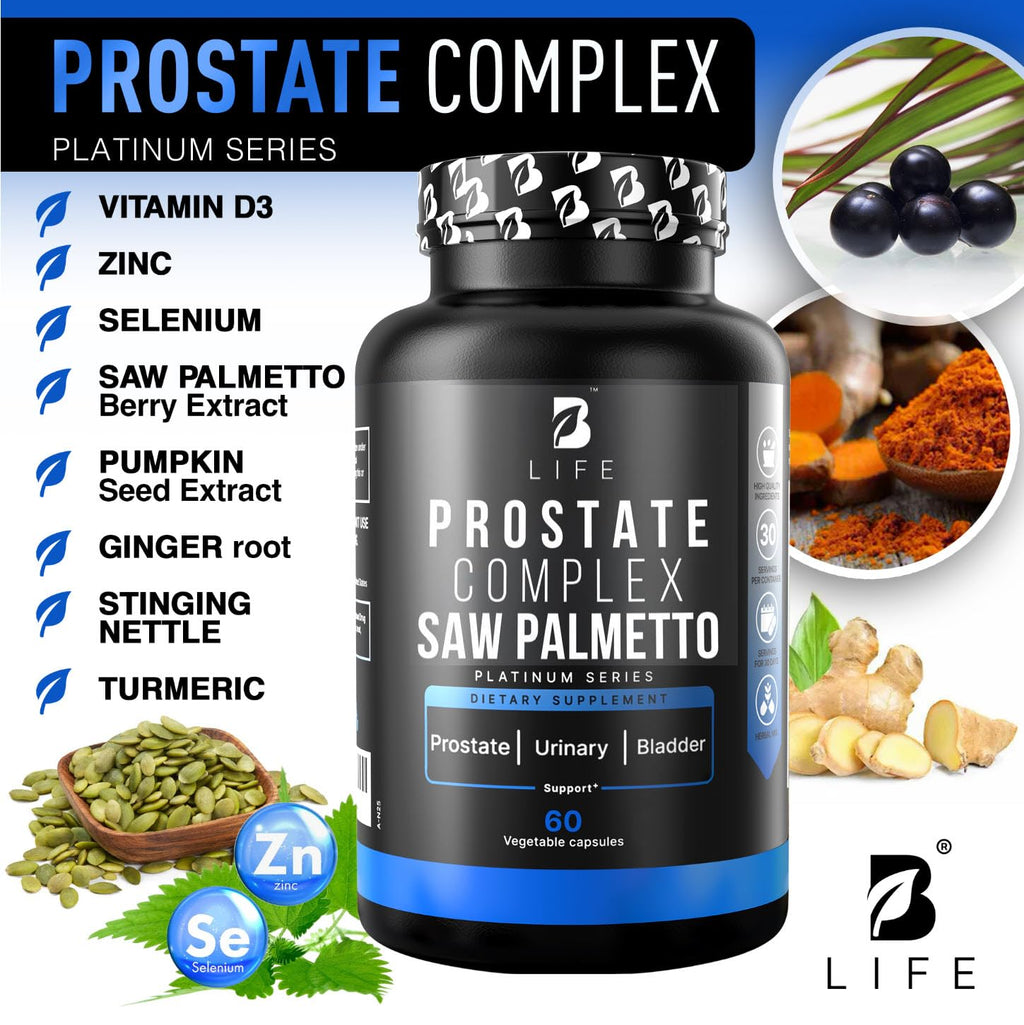 B Life Prostate Health Supplements for Men – Saw Palmetto, Pumpkin Seed Oil, Nettle Root, 60 Capsules