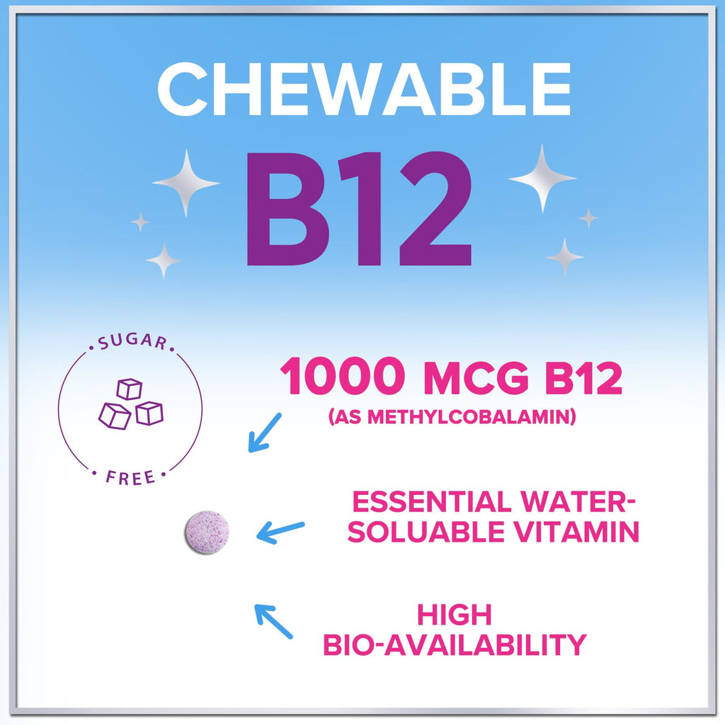 Hello Lovely! B12 Vitamin Chewables 1000 mcg - Energy & Immune Support - Gluten & Sugar Free (120 Chewables)
