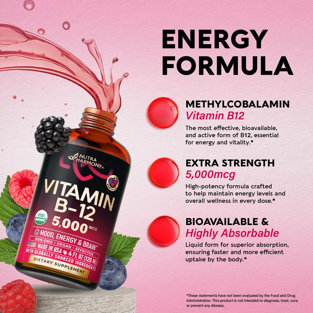 USDA Organic Vitamin B12 Sublingual Drops – 5000 mcg, 4 oz, 4 Month Supply