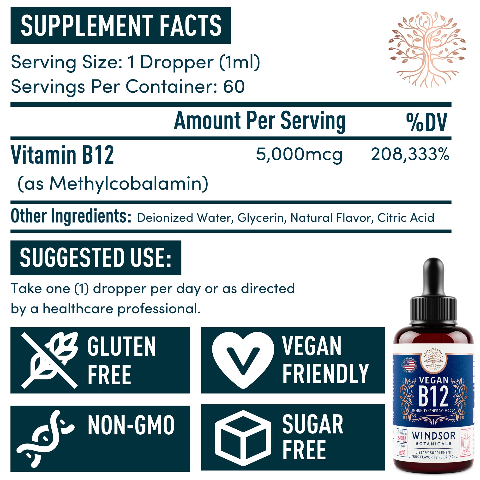 Vegan Vitamin B12 Liquid 5000 mcg | Sublingual Methylcobalamin Drops - 2oz