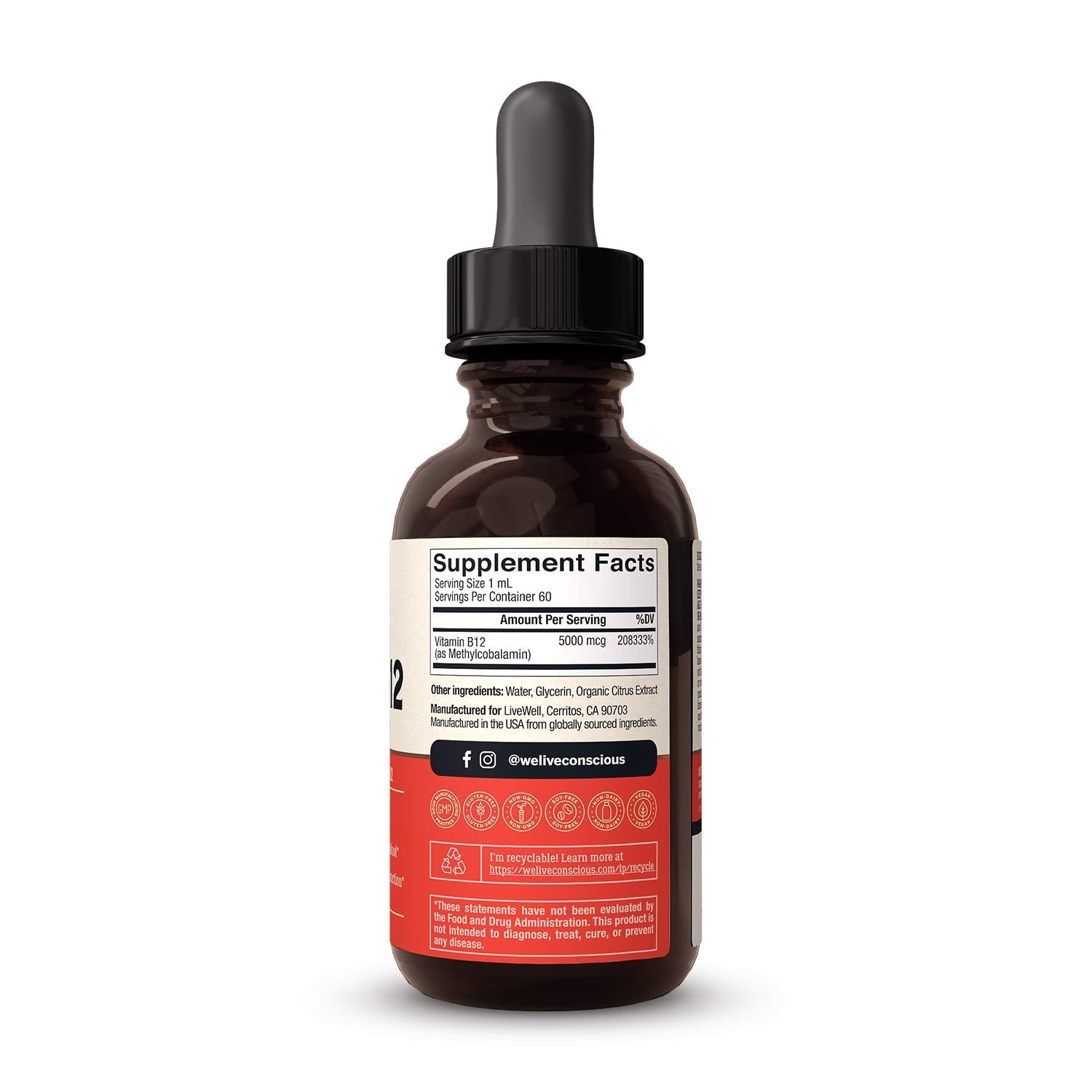 Live Conscious Vegan Vitamin B12 Sublingual Liquid Drops | Methylcobalamin Max Strength B12 5000mcg Formula | Vegan B 12 Vitamin Support Energy | Promote Memory & Aid Immune System | 60 Serving