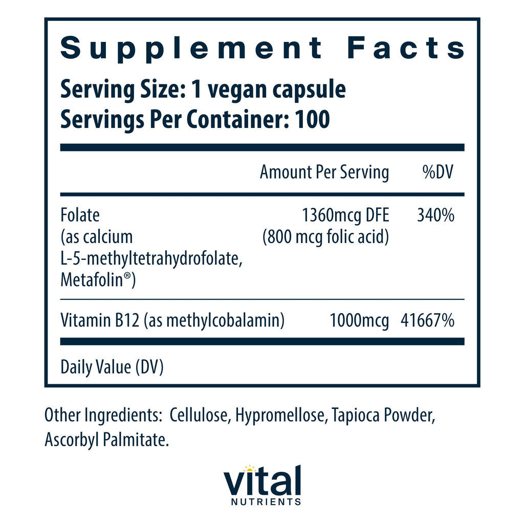 Vital Nutrients B12 & Methyl Folate – Vegan 5-MTHF + B12 | 100 Capsules