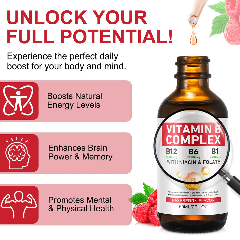 Vitamin B Complex Liquid Drops – Vegan B12 (Methylcobalamin) with B1, B3, B6, B9 and Niacin – 40 Servings