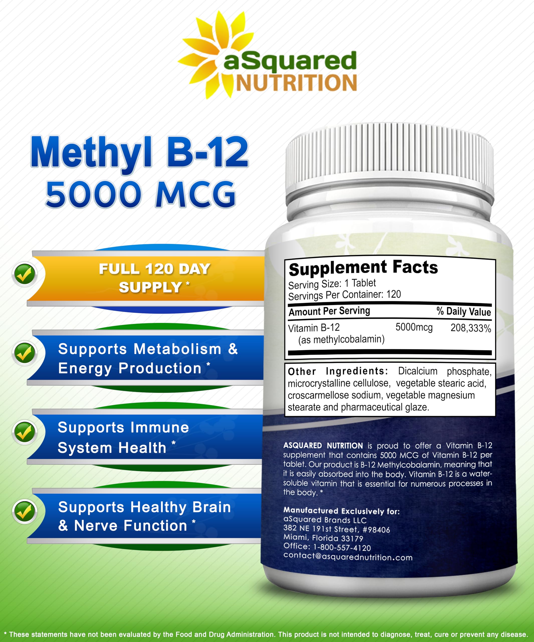 aSquared Nutrition Vitamin B12-5000 mcg (Methylcobalamin) – 120 Tablets | Max Strength Energy, Brain & Heart Support