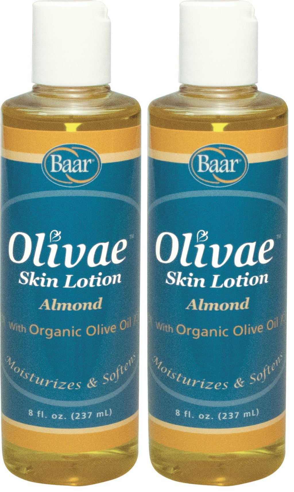 Baar Olivae Skin Lotion & Massage Oil, 8 oz (Pack of 2) – Almond Scent & Cold-Pressed Olive Oil