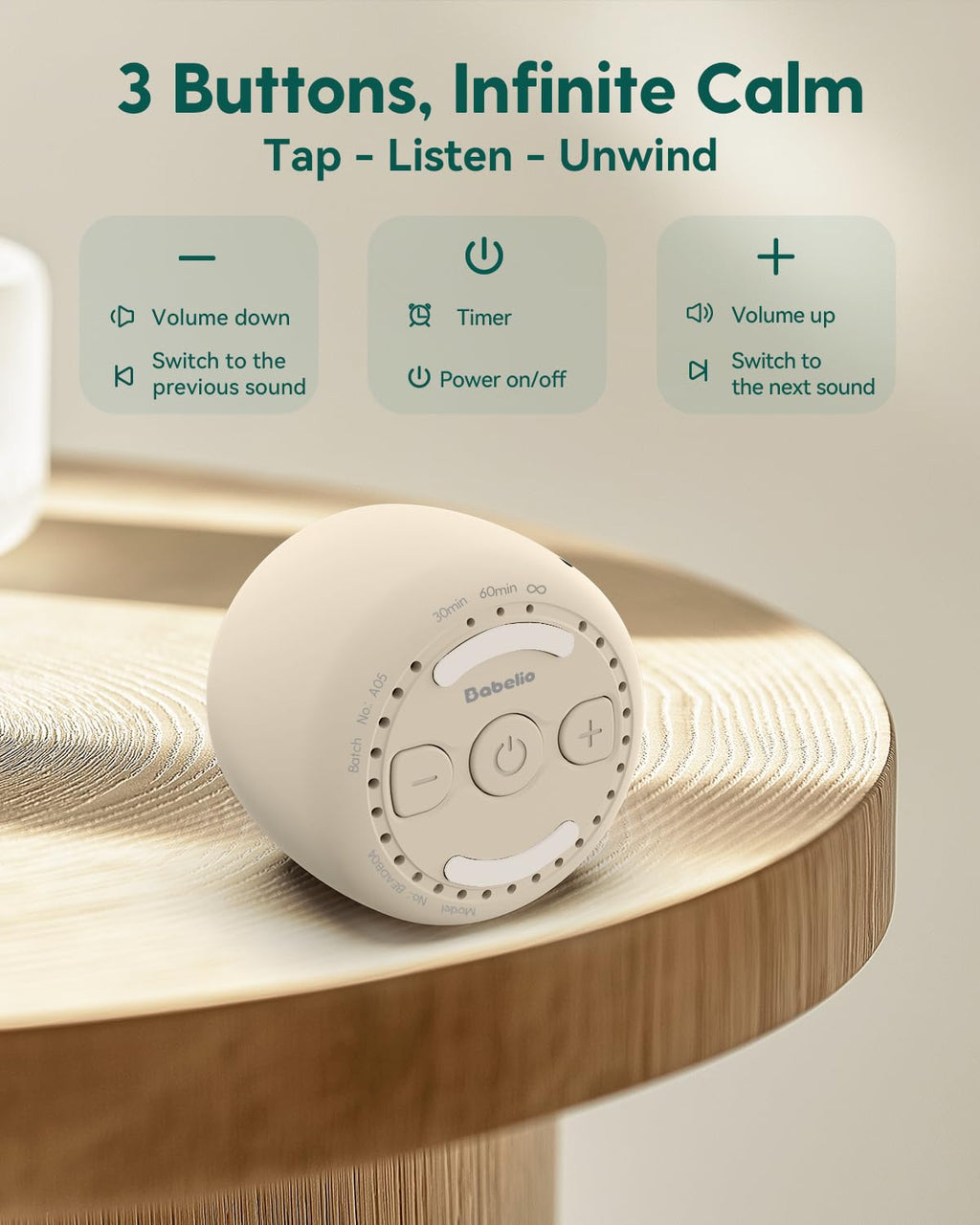 BABELIO Pocket White Noise Sound Machine – 15 Non-Looping Sounds for Sleep & Travel (Putty Gray)