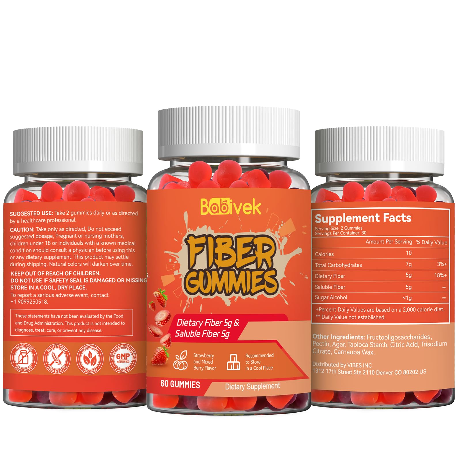 Babivek Fiber Gummies – Dietary Fiber for Digestive Health | Vegan, Gluten-Free, 60 Count