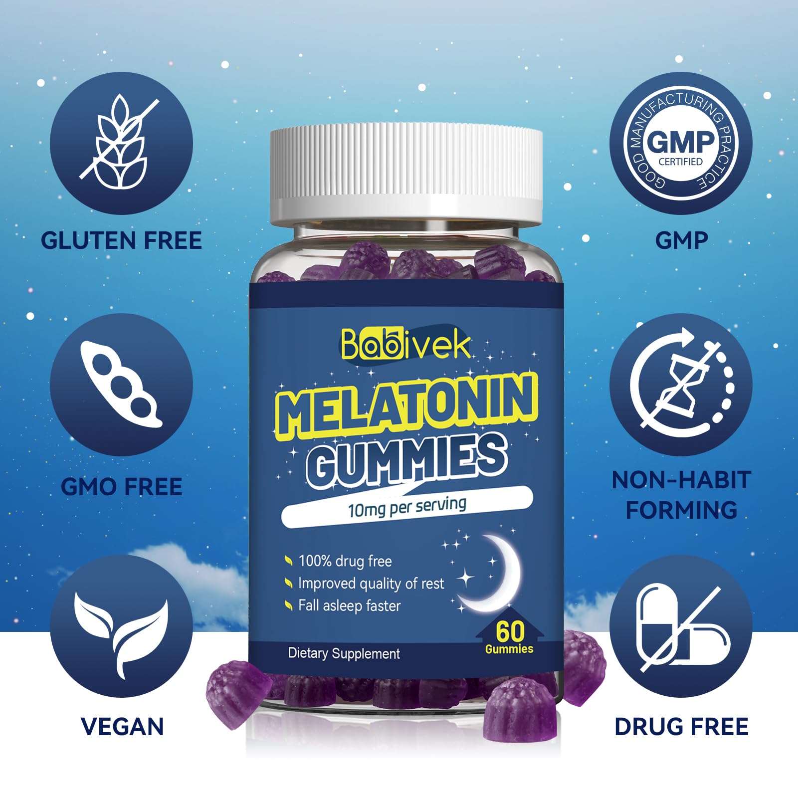 Babivek Melatonin Gummies 10mg – Sleep Support, Berry Flavor, 60 Count