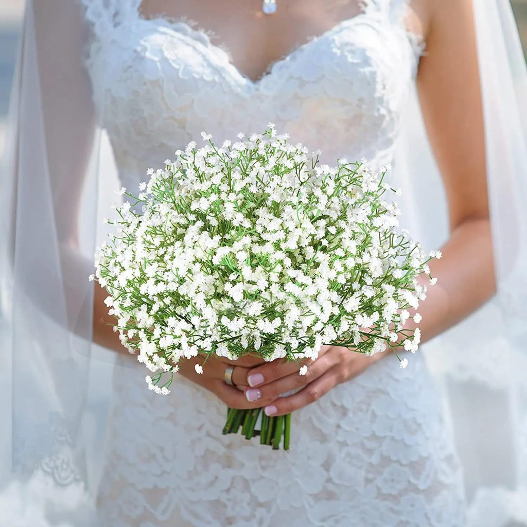 15 Pcs Baby's Breath Artificial Flowers – Real Touch White Gypsophila for Wedding Decor