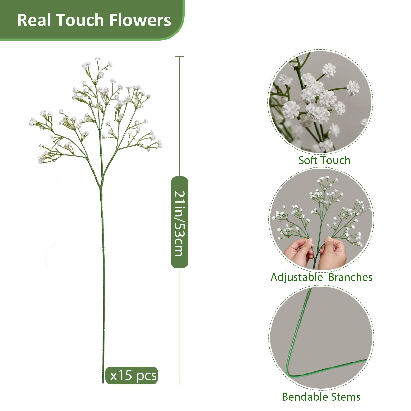 15 Pcs Baby's Breath Artificial Flowers – Real Touch White Gypsophila for Wedding Decor