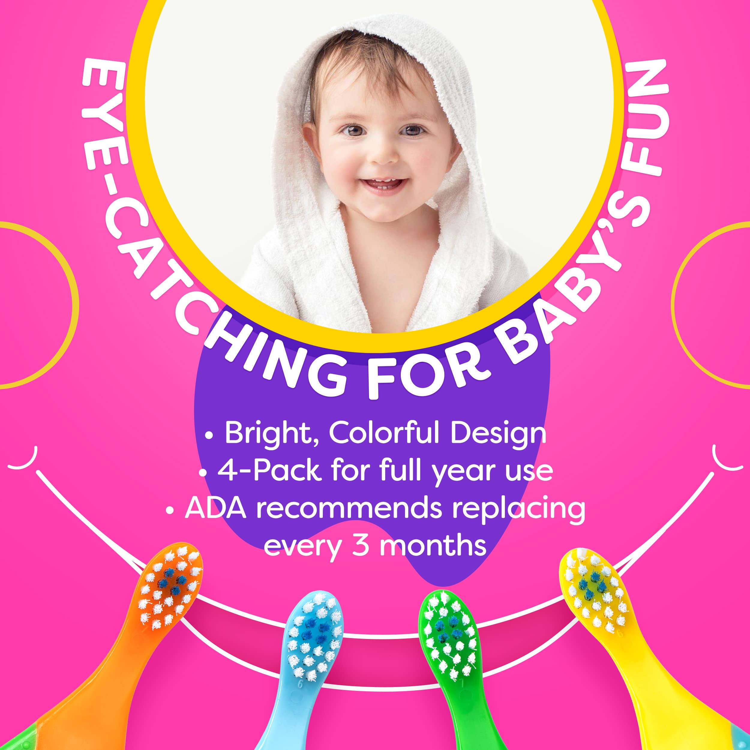 Baby Toothbrush 12+ Months - Toddler Soft Bristles 4-Pack (Multi-Color)