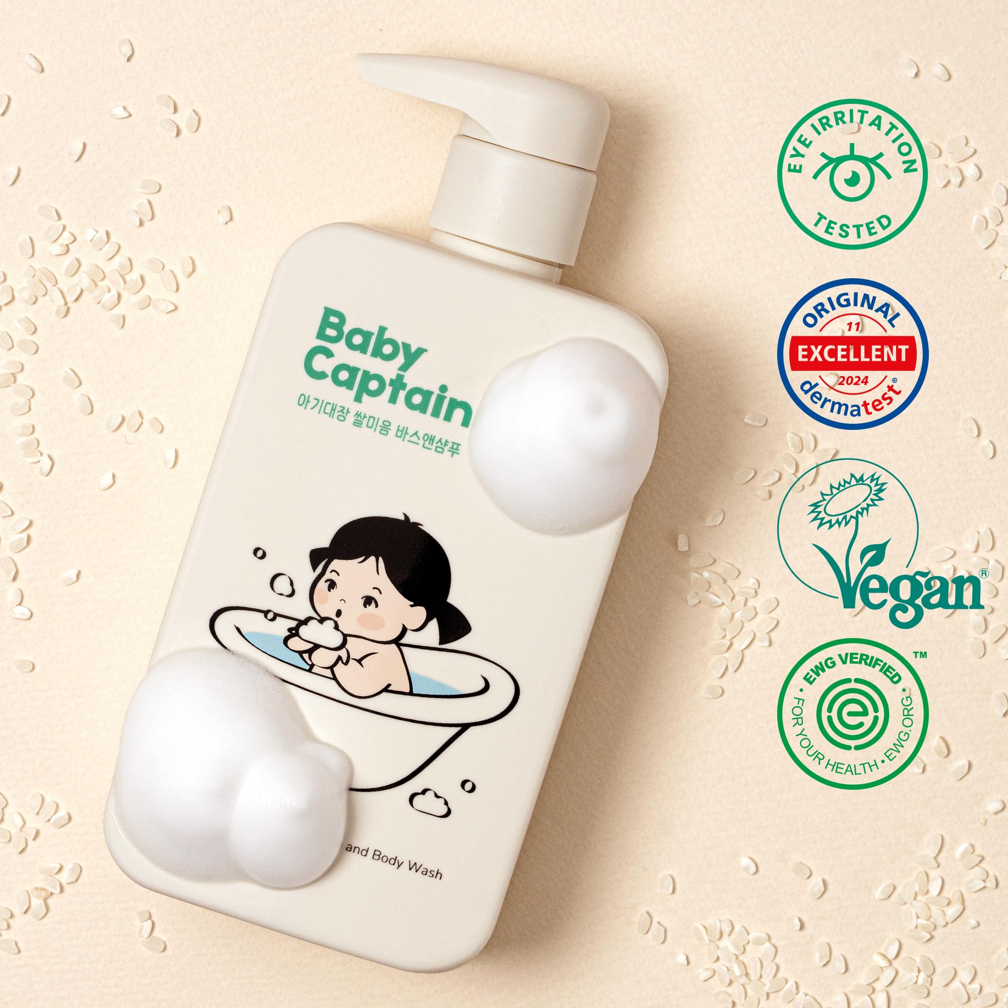 BabyCaptain Vegan Rice Baby Wash 13.52 oz – Tear-Free 2-in-1 Shampoo & Body for Newborns, Plant-Based Korean Skincare