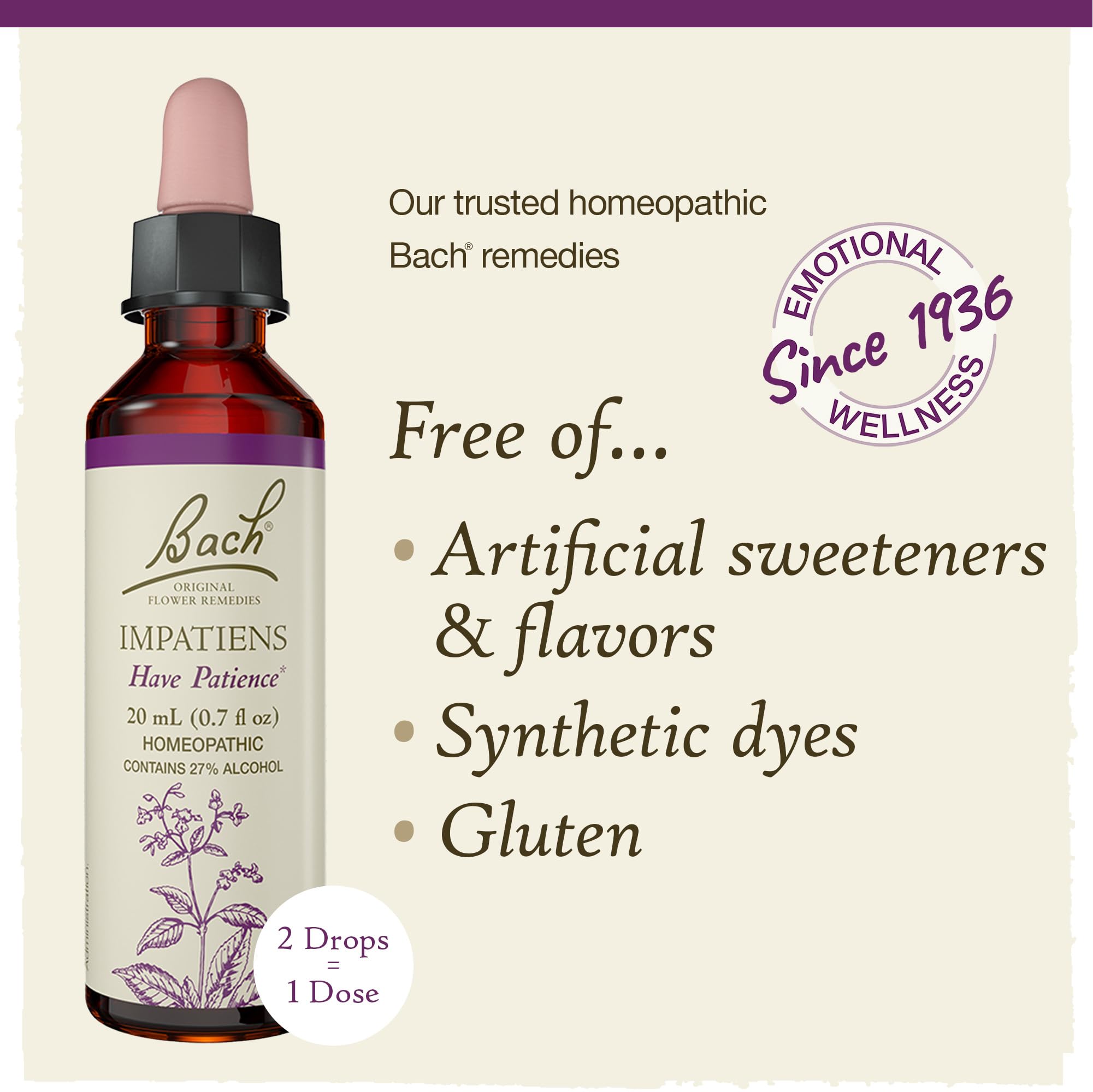Bach Impatiens Have Patience – Original Flower Remedies (20mL Dropper) | Vegan, Gluten Free, Sugar Free