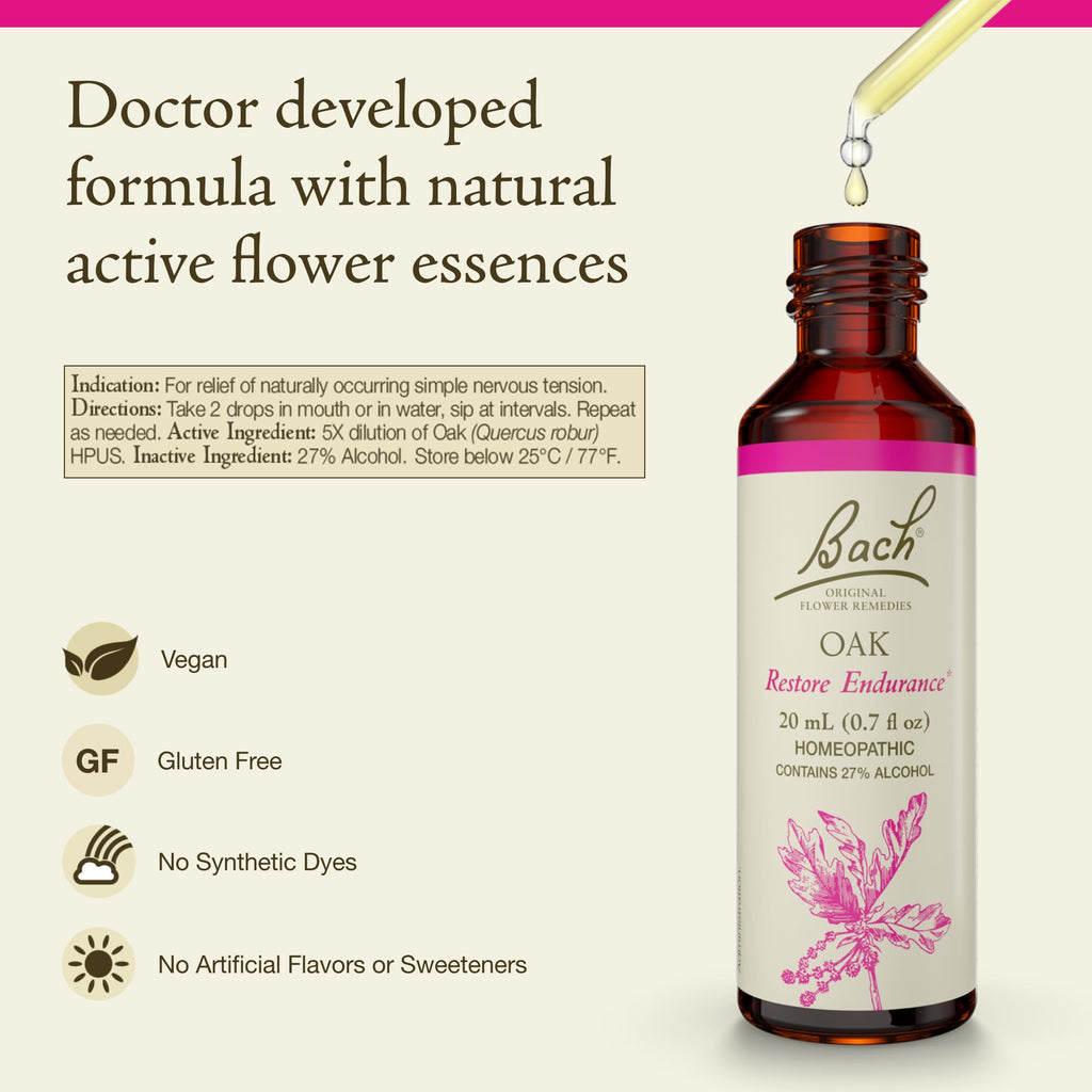 Bach Oak Flower Remedy - Restore Endurance | Natural Homeopathic Emotional Balance (20mL) - Vegan, Gluten Free, Sugar Free