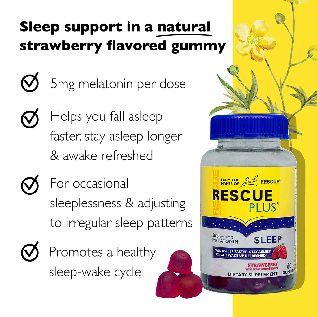 Bach RESCUE PLUS Melatonin Sleep Gummies – 3 Pack, 180 Count Total | Natural Strawberry