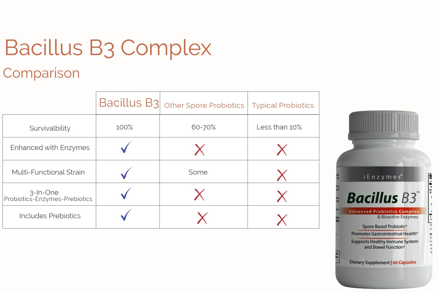 New Bacillus B3 Probiotic Complex & Enzymes – 60 Capsules (100% Spore-Based SBO)