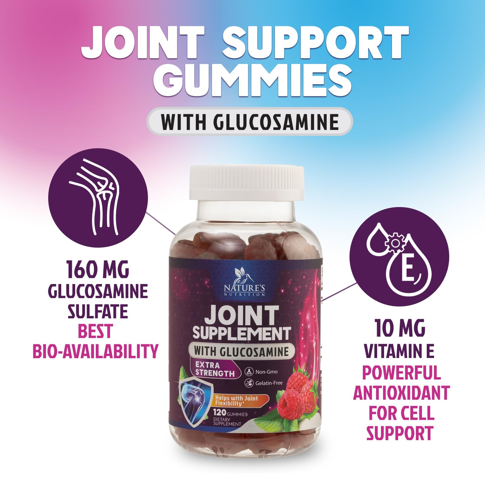 Nature's Nutrition Joint Support Gummies – Glucosamine & Vitamin E, 120 Gummies