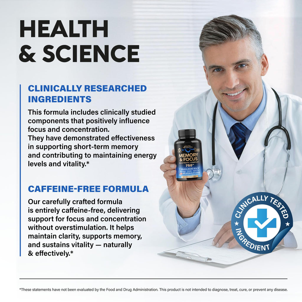 Brain Supplement 750 mg – 12-in-1 Nootropic for Memory & Focus | Made in USA, 60 Capsules