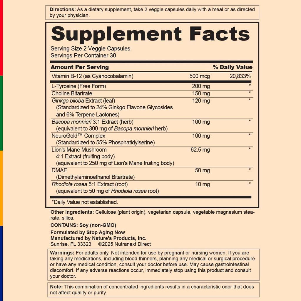 Stop Aging Now: Brain Energizer – 60 Veggie Caps | Advanced Complex with Lion's Mane, Bacopa & DMAE