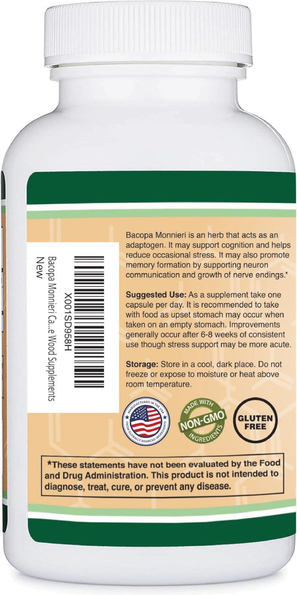 Bacopa Monnieri Capsules 450mg | 20% Bacosides - Non-GMO, Gluten Free | Double Wood