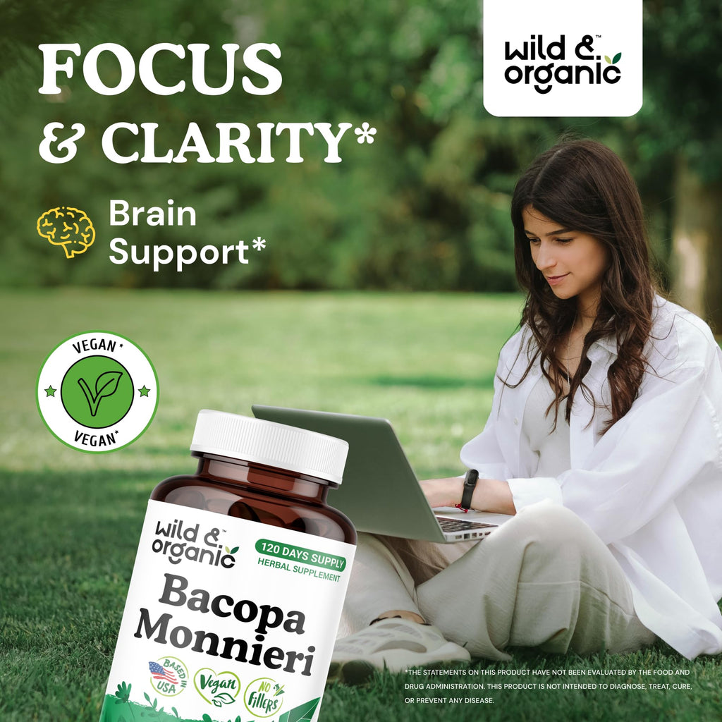 Wild & Organic Bacopa Monnieri Capsules 600 mg | Brain Support | 120-Count | Vegan