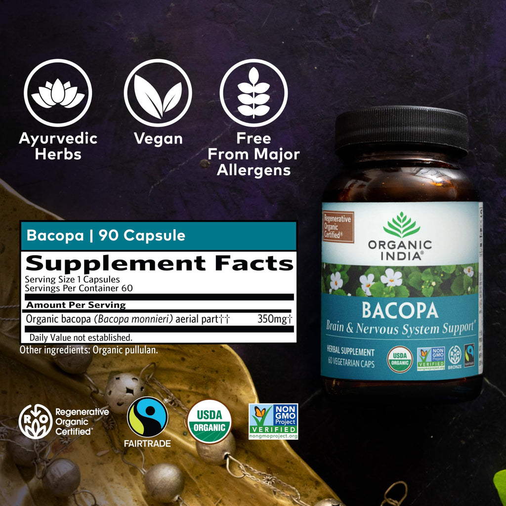 Organic India Bacopa Monnieri – Brain, Memory & Focus | 60 Vegan Capsules