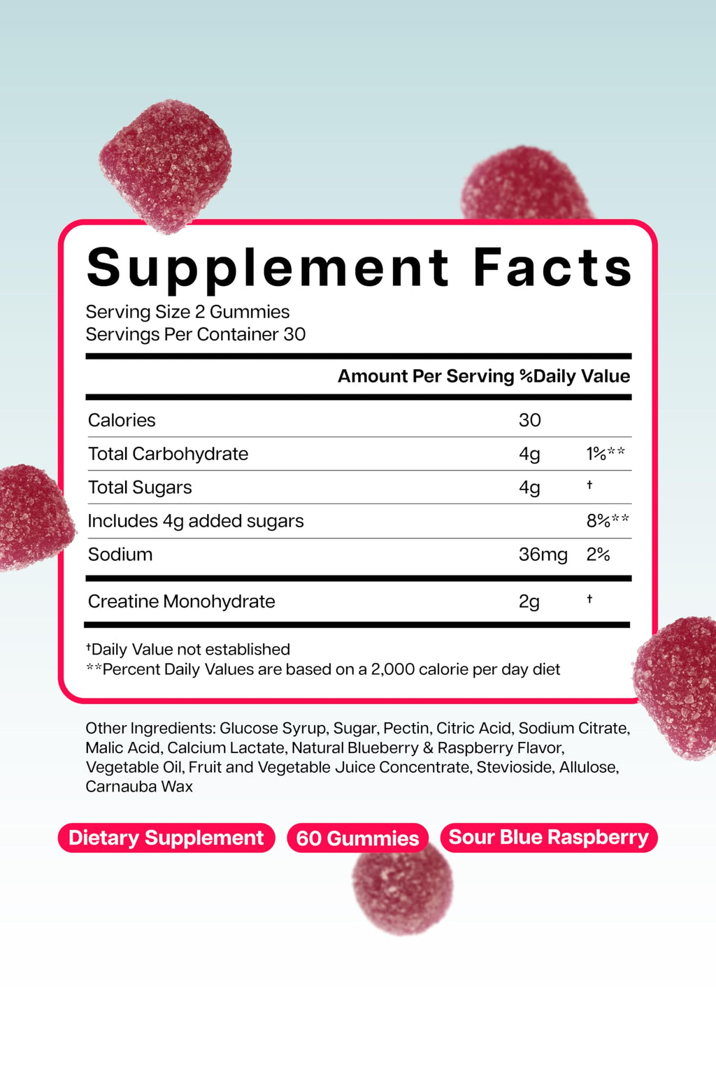 Baese Nutrition Creatine Monohydrate Gummies – Sour Blue Raspberry, 2000mg